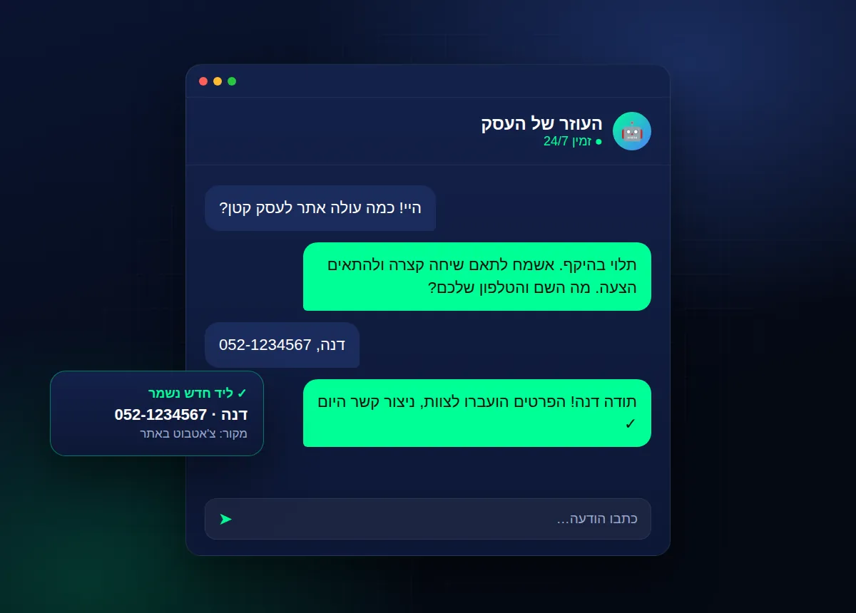 איור: צ׳אטבוט AI שעונה ללקוח ואוסף ליד
